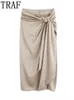 Skirts TRAF Knotted Long Skirt Women High Waist Skirt With Slit Ruched Elegant Skirts Woman Fashion 2022 Vintage Midi Split Skirt P230420