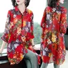 Women's Blouses Spring Summer Women Mid Length Blouse Vintage Polo Floral Cardigan Chiffon Shirt Mom Sunscreen 3/4 Sleeve Red Black Top