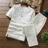 Mens Tracksuits High quality cotton and linen thin set slim solid color shortsleeved Tshirt large size loose casual breathable trousers 230420