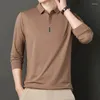 Polos masculinos luz luxo high-end lapela manga comprida t-shirt para primavera e outono tendência coreano casual cor sólida camisa polo de negócios