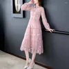 Casual Dresses 2023 Pink Floral Embroidery Mesh Midi Dress Autumn Boho Fashion Light Polo Shirt Women Korean Elegant Bodycon Vestidos