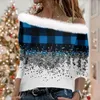 Женские футболки, футболка с принтом «Рождественская елка», одежда для женщин, зимняя блузка с меховым воротником и косым вырезом, свободные праздничные пуловеры, топы