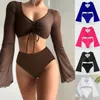 Femmes Split Maillot De Bain 2023 Sexy À Manches Longues Smock Deux Pièces D'été Maillot De Bain Bleu Dame Cover Up Maillot De Bain Bikini Ensembles Maillots De Bain Beachwear Jeune Femme