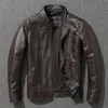 Mens Leather Faux Top Layer Cowhide Jacket Fashion Slimfit Stand Collar Leisure Bomber 100% äkta Vintage Short Zipper M 231120