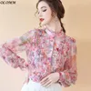 Women's Blouses Lolita Shirt Women Fashion Tops Pink Spring Franse Luxe Celebrity Long Sleeve Frill Frill Bloem Up Blouse Vintage Shirts