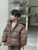 Manteau en duvet de Style coréen pour enfants, veste chaude et épaisse à la mode, marron, courte, en coton, à capuche, collection automne-hiver 2023