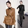 Women's Leather Fashion Soft Casual Jacket Coat 2023 Spring And Autumn Lace-up Waist-Controlled Slimming Temperament Slim Fit Versat