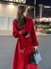 Jaquetas femininas 2023 outono inverno high end natal vermelho solto lã longo casaco grosso quente rendas até lã moda feminina 231121