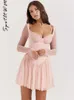 Femmes une ligne cou taille haute robe plissée Sexy à manches longues mince fronde Mini robes mode femme soirée robes