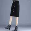 Skirts Women Autumn Winter Work Wear Single Breasted Midi With Belt Korean Office Solid High Waist A-Line Woolen P108