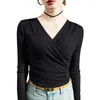 Kvinnor BLOUSES CROSS V-NECK BOTTOMING SHIRT Långärmad 2023 Spring and Autumn Fashion Sexig Mesh Top Long Sleeve Women Corset