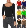 Camisetas para mujer Camiseta ajustada Camiseta para mujer Manga larga Cuello redondo Color sólido Negro Rojo Amarillo Elástico para tops cortos casuales