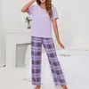 Dames tweedelige broek dames 2 outfits losse pyjama met lange mouwen geruite broek zachte bijpassende set nachtkleding elastische taille homewear