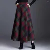 Saias xadrez xadrez alto para mulheres outono inverno elegante coreano moda maxi saia mamãe plus size 3xlcasual lã solta