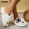 Chinelos Mulheres Inverno Chinelos Furry Faux Fur Chinelos Devil Eye Grosso Sole Flip Flops Cross Open Toe Plush House Slides Outdoor Chinelos T231121