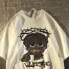 Мужские футболки в американском стиле Retro Hiphop Pixel Cartoon Cartoond Forted For Men and Women Ins Summer Loose High Street Pare Top Y2K 230420