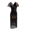 Verfraaid Kralen Pailletten Gewaad Vestidos Vrouwen Flapper Vintage V-hals Vlinder Mouw Lange Great Gatsby Jurk