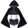 Women's T Shirts Gothic Black Flare Sleeve Corset Crop Tops Women Aesthetic Sexy Velvet Lace Mesh T-Shirts Y2K Harajuku Hooded Vintage