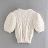 Women's Sweaters Girls Sweet Beige Slim Puff Sleeve Sweater 2023 Autumn Woman French Short Female Fashion Solid Crochet Pullover