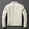 Jaqueta masculina de couro sintético genuíno, jaqueta branca com lapela de bezerro, casaco de couro natural slim fit, camada superior de motociclista 231120