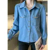 Women's Blouses Women Puff Full Sleeves Turn Down Collar Vrouw Koreaanse blouse kettingzak met één borsten losse denim shirt casual tops