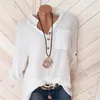 Blusas femininas primavera e outono moda algodão linho com decote em v bolso camisa elegante branco manga longa solta relaxado blusa de escritório 5xl