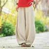 Women's Pants Capris Cotton Linen Bloomers Wide Leg Pants Women Vintage Full Length Fashion Elegent Pants Solid Elasitic Waist Spring Autumn 5XL 230421