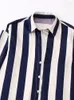 Kvinnors blusar Kvinna Elegant Navy Blue Striped Patchwork Shirts 2023 Spring Female Loose Satin Ladies High Street Shirt