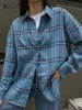 Bluzki damskie Bclout vintage niebieskie koszule w kratę Y2K Kobiet moda odrzuć kołnierz długie rękawy luźne, swobodne patchwork cienki 2024