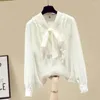 Women's Blouses 2023 Spring Ruffles Bow Shirt With Ribbon Office Women All-Match Chiffon Top Blouse Female Clothes Blusas Femme