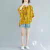 Blouses pour femmes #2809 été blanc jaune imprimé fleuri en mousseline de soie Blouse pour femmes manches chauve-souris O cou Vintage femme ample mince