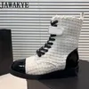 Laarzen Designer Merk Wol Enkel Platte Schoenen Ronde Hak Lace up Motorfiets 2024 Track Warme Sokken Laars 231121