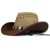 Baretten Retro Onregelmatige Turquoise Dames Heren PU-leer Oprollen Brede Rand Sombrero Zonnehoed Strand Cowboy Cowgirl Westerse Hoed Aanpassen