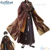 2023New Genshin Impact Zhongli Cosplay Kostuum Oudheid Anime Morax Game Cos Kleding Pak Mannen Carnaval Party Rollenspel Pruik Volledige set J220720