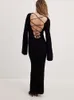 Women Hollow Open Back Cross Strap Knitted Dress Sexy O neck Flare Long Sleeve Slim Dresses Fashion Female Street Vestidos