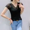 女性用Tシャツ＃6225ブラックホワイトニットシャツ女性Vネックスプレッチレースセクシーな弾性ニットウェアウーマンシニーダイヤモンド夏