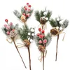 Julekorationer 5 -stycken Red Berry Art Flower Pine Tree Cone Branch Decoration Presentförpackning Hem Diy Wrench 231121