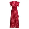 Freizeitkleider Luxus-Damenkleid Sommermode V-Ausschnitt Polka Dot Taille Rüschensaum Elegante Party Abend Prom Robe Femmes