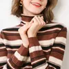 Women's Sweaters Sweater Women Brown Turtle Neck Full Sleeve Striped Knitted Pullover Femal Basic Crop Top