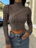 Women's T Shirts 2024 Casual Stripe Autumn Winter Turtleneck Sweater Women Y2K Distressed Vintage Clothes Slim Knit Crop Pullover Jumpers