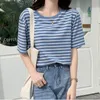 Kadın T -Shirt Pamuk Gömlek Kadın Yaz Gevşek Çizgili Gömlek Günlük O Boyun Temel Bayanlar Kore Moda -Shirt Kadın EE OP 230421