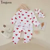 Rompers Tregren Born Baby Girls Mumpsuit Spring outono de manga longa Penas de estampa de coração com faixa de cabeça 2pcs Conjuntos para o Dia dos Namorados 230421