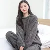 Women's Sleepwear Winter Women Pajamas Set Fleece Solid Velvet 2 Piece Pant Home Suit Fluffy Piiama Warm O-neck Casual Night Wear