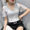 Women's T Shirts #7315 Summer Lace Shirt Women With Diamonds Sexy Basic Femme V Neck Short Sleeve Women's T-shirt Black White Pink 3XL