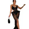 Robes décontractées Sheer Mesh Dos nu Split Long Streetwar Vêtements pour femmes Robes Party Night Robe