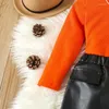 Conjuntos de roupas para bebês meninas outono roupas com nervuras mock neck tops saias de couro pu 2 peças cor sólida roupas de manga comprida
