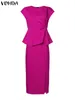 Arbetsklänningar Elegant Casual Dress Set 2023 Vonda Summer Women Short Sleeve Ruffled Tops Tunika och midi kjolar Solid Color Matching 2sts