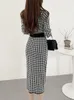 Basic Casual Dresses Vintage Bird Lattice Knitting V-Neck Bodycon Midi Dress Korean Fashion Elegant Office Lady Buttons Long Dresses for Women Autumn 231120