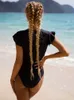 Maillots de bain pour femmes Peachtan Vintage maillots de bain femme maillot de bain à volants femmes Zipper monokini maillot de bain col haut body noir 230421