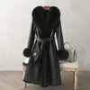 Женское пальто из искусственного меха из искусственного кроличьего меха, женская зимняя модная куртка с воротником из искусственного лисьего меха, женская верхняя одежда выше колена большого размера 231121